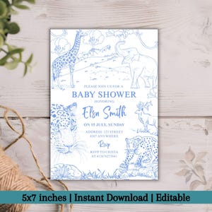Blue Toile Safari Baby Shower Invitation, Editable Dusty Blue Baby Boy Shower Template, Safari Animal Digital Download Invite