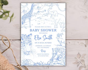 Blue Toile Safari Baby Shower Invitation, Editable Dusty Blue Baby Boy Shower Template, Safari Animal Digital Download Invite