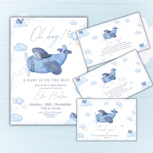 Editable Blue Airplane Baby Shower Invitation, Travel Theme Baby Shower Invite, Up Up and Away Travel Adventure Baby Shower invitation Templ