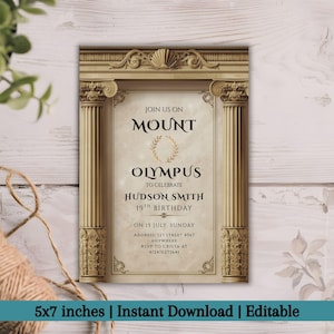 May include: A beige birthday invitation with a classical column design. The invitation reads "Join us on Mount Olympus to celebrate Hudson Smith's 19th birthday." The invitation is 5x7 inches.