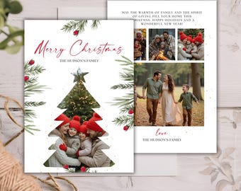 Editable Christmas Photo Collage Card Template, Modern Vertical Holiday Photo Card, Customizable Winter Greeting Design