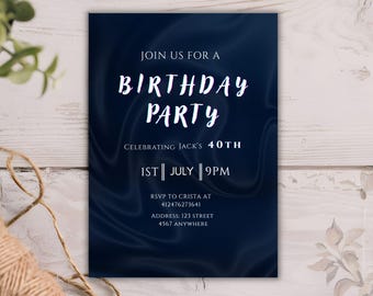 Modello modificabile per invito di compleanno maschile, effetto pelle blu, invito digitale maschile, stampabile e scaricabile con testo