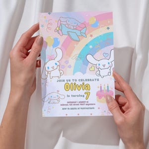 Editable rainbow cat invitation template featuring cute kittens, ideal for a colorful and joyful kids’ birthday party.