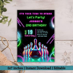 Editable Bowling Birthday Invitation Template, Strike up Some Fun Invitation, Birthday Game Invite, Neon Bowling Party Green Glow Invite