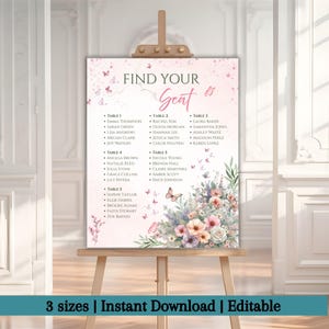 Bewerkbare sjabloon Baby in Bloom-zitplaatskaart, bordbanner met wilde bloemen, babyshower lentebloem poster, poster vlinder