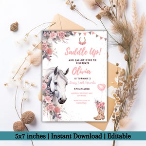 Editable Horse Birthday Invitation, Girl Saddle Up Invite, Cowgirl Party Horse Invite, Pink Floral Farm Birthday Invitation,Instant Download