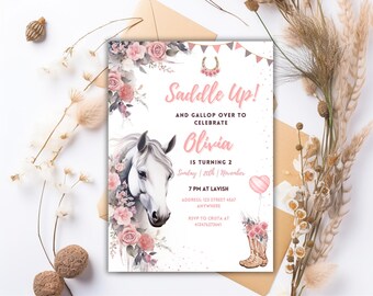 Editable Horse Birthday Invitation, Girl Saddle Up Invite, Cowgirl Party Horse Invite, Pink Floral Farm Birthday Invitation,Instant Download