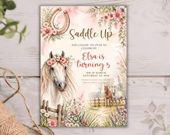 Pferde-Geburtstags-Einladung Mädchen | Aufladen Cowgirl Party einladen Florales Pferd Western Western Thema | Bearbeitbare Canva Digitale Einladung