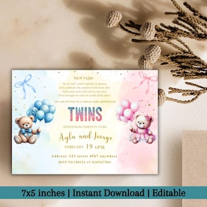 Editable Twins Teddy Bear Baby Shower Invite, Twins Blue and Pink Baby Shower Invitation Template, Teddy Bear With Balloon Twins Party