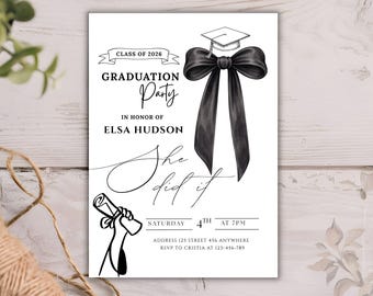 Editable Black Bow Graduation Party Invitation, Graduation Announcement Template, Minimalist Graduation Invitation, Grad Party Invite