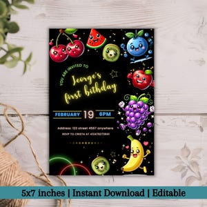 Dancing Fruit Birthday Invitation, Sensory Invitation, kawaii Party Invite Template, Tropical  Summer Birthday Invitation, Gender Neutral