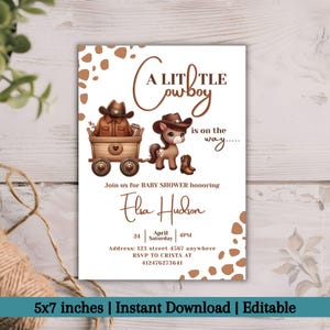 A Little Cowboy Baby Shower Invitation Template, Editable Western Baby Shower Invite, Brown Cowboy Baby Shower Invitation