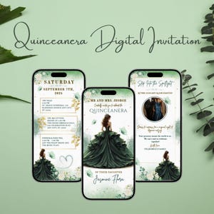 Green Quinceañera Birthday Invitation | Editable Digital Template | Sweet 15 Animated Party Invite | Instant Download