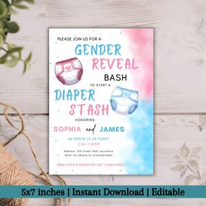 Edytowalny szablon zaproszenia na baby shower z pieluchami, różowy lub niebieski baby shower, zaproszenie dla niego lub niej, chłopca lub dziewczynki, zaproszenie neutralne pod względem płci