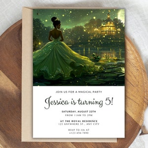 May include: A green and black birthday invitation featuring a cartoon image of a princess in a green dress standing in a pond. The text reads "Join us for a magical party Jessica is turning 5! Saturday, August 22nd from 11am to 2pm at the Royal Residence 123 Anywhere St., Any City RSVP to Jia at +123-456-7890"