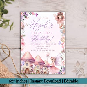 Invitación editable para el primer cumpleaños de un hada, fiesta en un jardín de flores, invitación a una fiesta de princesas mágicas, plantilla de invitación de cumpleaños con temática de cuento de hadas