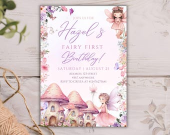 May include: A printable invitation for a first birthday party with a fairy theme. The invitation features a pink and purple color scheme with a fairy illustration and the text "Hazel's Fairy First Birthday!"  The invitation also includes the date, address, and RSVP information.