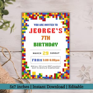 Editable Building Blocks Birthday Invitation Template, Colorful Block Party Invite, Digital Building Bricks Invite, Block-Themed Kids Party