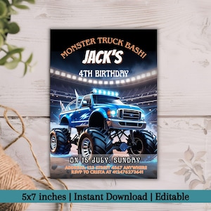 Monster Truck Birthday Invitation | Boom Crash It&#39;s A Monster Truck Bash! | Editable Boy&#39;s Birthday Party Card | Digital Download