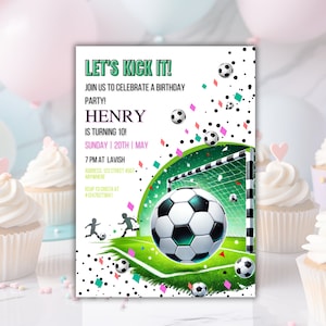 Convite de aniversário de futebol editável, convite de aniversário de futebol, convite de bola esportiva, convite de aniversário Let's Kick Up Some Fun, Canva editável