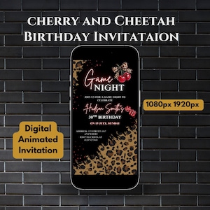 Cheetah Print Birthday Game Night Invitation Template | Neon Red Cherry & Leopard Glam Theme | Animated Digital Party Invite