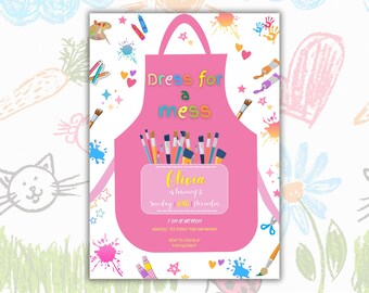 Invitación a fiesta de pintura artística, invitación a fiesta de cumpleaños de manualidades, invitación a pintar Dress for a Mess, cumpleaños con temática de manualidades de verano, EDITABLE