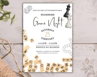 Editable Game Night Invitation Template, Board Games Invitation, House Birthday Party Invite, Family Game Invite, Neighborhood School Event