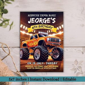 Monster Truck Birthday Invitation | Boom Crash It&#39;s A Monster Truck Bash! | Editable Boy&#39;s Birthday Party Card | Digital Download