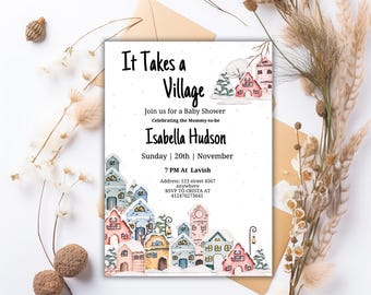 Könnte beinhalten: Einladung zu einer Babyparty mit dem Titel „Es braucht ein ganzes Dorf“ mit einer Aquarellillustration eines verschneiten Dorfes mit bunten Häusern. Die Einladung ist für Isabella Hudson am Sonntag, den 20. November um 19 Uhr im Lavish. Die Adresse lautet 123 street 4567, anywhere. RSVP an Crista unter 412476273641.