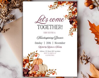 Friendsgiving Invitation, Thanksgiving Dinner Invitation, Let's Gather Invite, Fall Autumn Pumpkins, Let's Give Thank Invite, Pumpkin invite