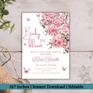 Editable Baby in Bloom Baby Shower Invitation, Wildflower Theme Invite, Pink Floral Spring Baby Shower Template, Digital Download