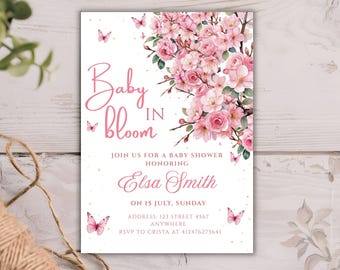 Editable Baby in Bloom Baby Shower Invitation, Wildflower Theme Invite, Pink Floral Spring Baby Shower Template, Digital Download