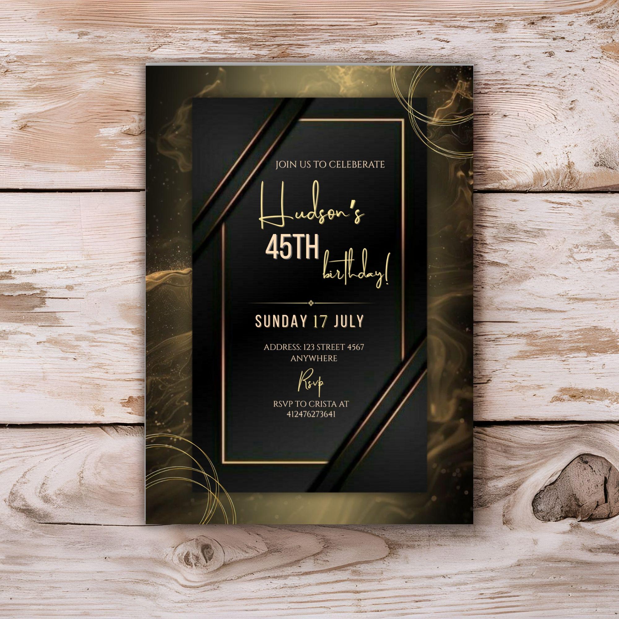 Editable Black and Gold Birthday Invitation | Luxury Marble Party ...