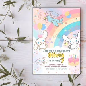 Charming Kitty and Friends party invitation with vibrant rainbow accents and customizable details for any birthday.