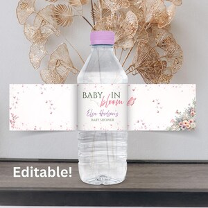 Editable Wildflower Theme Water Bottle Label, Baby In Bloom Theme Baby Shower Water Bottle Label Template, Spring Baby Celebration Printable
