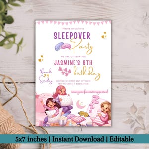Editable Sleepover Birthday Invitation Template, Pajama Party Invite, Glam & Glitter Slumber Party, Colorful Birthday Invitation for Girls