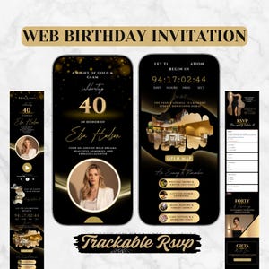 Puede incluir: Una invitación digital de cumpleaños con un tema negro y dorado. La invitación incluye el texto "Web Birthday Invitation", "40" y "Elsa Hudson". El diseño también presenta un temporizador de cuenta regresiva e información de RSVP.