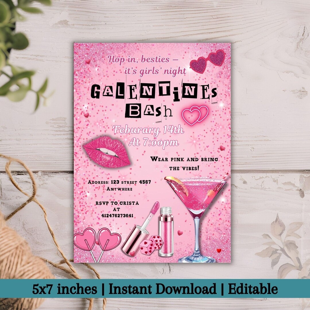 Editable Galentine’s Day Invitation, Pink Girls Night Party Invite ...