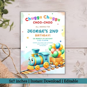 May include: A colorful invitation for a 2nd birthday party with a cartoon train and balloons. The invitation says "Chugga Chugga Choo-Choo All Aboard for Jeorge's 2nd Birthday! On March 29 Saturday 5:00-7:00PM Address: 123 Street 4567 Anywhere RSVP to Crista at 4124762736"