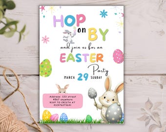 Editable Easter Party Invite, Hop On By Invitation, Happy Easter Egg Hunt Invite, Rabbit Invitation, Bunny Easter Party Invite, Easter Party