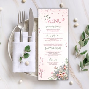 Plantilla de menú editable para baby shower "Baby In Bloom" - Diseño floral de mariposa imprimible - Tarjeta de menú con flores silvestres - Tarjeta de menú de descarga instantánea