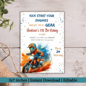 May include: A 5x7 inch birthday invitation with a watercolor illustration of a motocross rider. The invitation text reads "Kick Start Your Engines" and announces Hudson's 7th Birthday on March 24th. The design is editable and available for instant download.