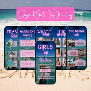 Invito itinerario viaggio digitale per ragazze, itinerario modificabile per il weekend di compleanno di una ragazza, itinerario per feste, programma digitale, weekend di compleanno