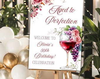 Panneau de joyeux anniversaire modifiable, vieilli à la perfection, fête sur le thème du vin, panneau de bienvenue pour fête d&#39;anniversaire, modèle de fête surprise, pour tout âge