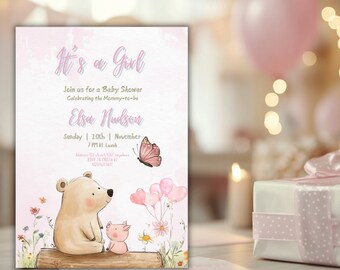 Winnie The Pooh Baby Shower, Classic Winnie The Pooh Baby Shower Invitation, Editable pink floral Winnie Pooh It's a Girl Baby Shower Invite