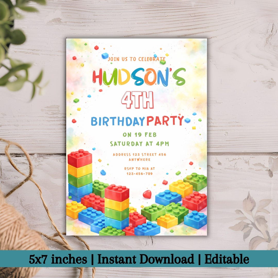 Editable Building Blocks Birthday Invitation Template, Colorful Block ...