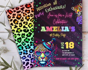Rainbow Leopard Party Animal Birthday Invitation, Neon Safari Leopard Print Birthday Party Invite, Rainbow Cheetah Print Jungle Theme Party