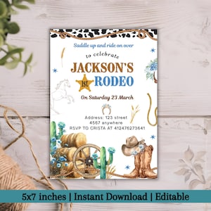 First Rodeo Birthday Invitation | Wild West Cowboy Theme | Boy&#39;s 1st Birthday Party Invite | Editable Canva Template | 5x7 Digital Download