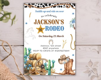 First Rodeo Birthday Invitation | Wild West Cowboy Theme | Boy's 1st Birthday Party Invite | Editable Canva Template | 5x7 Digital Download