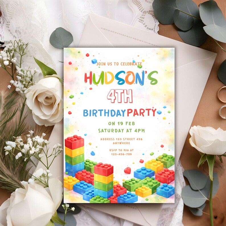 Editable Building Blocks Birthday Invitation Template, Colorful Block ...
